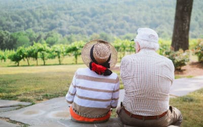 an older couple seated on a rock overlooking a grassy treelined view
