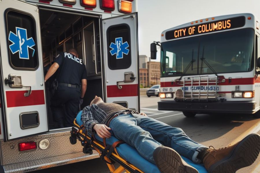 A man lying on a stretcher and being wheeled into the back of an ambulance with a Columbus city bus in the background.