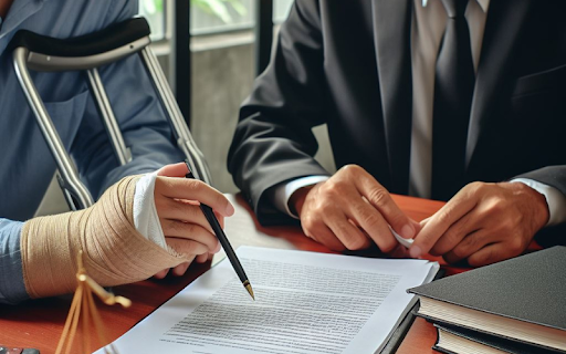 A man wearing a wrist brace sitting at a desk with his personal injury lawyer.