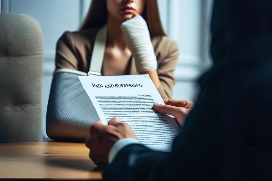 A woman sitting in her personal injury lawyer's office with her arm in a sling. Her lawyer holds up a piece of paper that reads "pain and suffering"